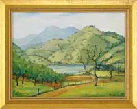 Henry Curtis Ahl, Lopez Lake S, L. OBISPO CO. CALIF.”. Oil on canvas shows a lake at the base of green rolling hills with mountains beyond