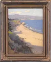 John Marshall Gamble, California Coastline, Oil on canvas scene shows a sandy beach and curving coastline with tall mountains. Probably a scene of Santa Barbara