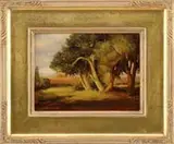 Freemont F. Ellis, Western Landscape, Oil on canvasboard scene shows a small grove of trees with grass and hills beyond