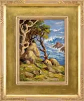 Jean Jacque Pfister, Cypress Point, Oil on board coastal scene shows Cypress trees and rocks in foreground looking down onto crashing waves on rocks