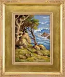 Jean Jacque Pfister, Cypress Point, Oil on board coastal scene shows Cypress trees and rocks in foreground looking down onto crashing waves on rocks