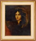 John Frederick Kensett, Portrait of Young Woman, Oil on canvas dark portrait shows a young woman with dark hair and dark dress wearing a printed scarf