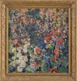 Mary L. Weiss, Hollyhocks, Large oil on canvas floral scene shows a large group of colorful white, red and pink hollyhocks