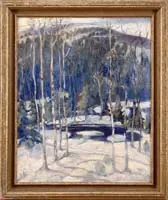 Jonas Lie, Winter Solitude, Oil on board scene shows a forest pond with snow covered banks nestled amongst tall trees with hills in the background