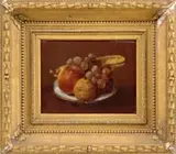 Fruit on a Plate by Margaretta Angelica Peale, Oil on canvas still life scene shows a pear, apple, banana and grapes on a gold trimmed white plate, sold Aug 2007