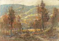 Ernest Lawson, Autumn Landscape, Pastel landscape with nice fall colors shows a line of trees in front of a body of water with rolling hills