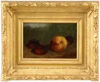 Arnoud Wydeveld, Peach and Plums, Oil on board still life scene shows one peach with three plums set on sand and grass background
