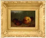 Arnoud Wydeveld, Peach and Plums, Oil on board still life scene shows one peach with three plums set on sand and grass background