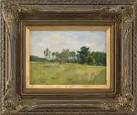 William Houghton Pearce, Springtime Meadow, Oil on board landscape scene shows a grass and wildflower field with tree lined border under blue and white cloud sky