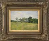 William Houghton Pearce, Springtime Meadow, Oil on board landscape scene shows a grass and wildflower field with tree lined border under blue and white cloud sky
