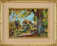 William Lester Stevens, Early Fall Colors, Bright watercolor scene shows a landscape with road, houses and trees under a bright blue sky