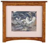 William Lester Stevens, Ponte’ a La Badia’-1930, Gouache scene shows a arched bridge over a cascading river with buildings and rock banks with a hill background