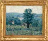 Morris Pancoast, Summer Landscape, Oil on canvas summer scene shows rolling hills with fields. In foreground is a house with trees and cultivated field