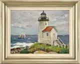 Sidney S. Riesenberg, The Lighthouse, Oil on board scene shows a connected white lighthouse on grassy point with sailboat turning corner