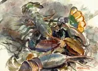 Bernard Gerstner, Lobsters, Watercolor scene shows several lobsters against a seaweed type background