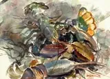 Bernard Gerstner, Lobsters, Watercolor scene shows several lobsters against a seaweed type background