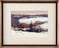 George Carpenter, Maine Winter, Fine watercolor winter scene shows a connected Maine house beyond a snow-covered field with woods