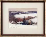 George Carpenter, Maine Winter, Fine watercolor winter scene shows a connected Maine house beyond a snow-covered field with woods