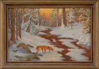 Ada Roman Shawhan, Maine Woods in Winter, Oil on board scene shows a woodland scene with stream having snow covered banks. A red fox crosses under a bright sunset