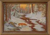 Ada Roman Shawhan, Maine Woods in Winter, Oil on board scene shows a woodland scene with stream having snow covered banks. A red fox crosses under a bright sunset