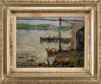 Frederick John Mulhaupt, Harbor View, Oil on canvas scene shows a dock with boat and building. Green hills beyond