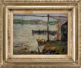 Frederick John Mulhaupt, Harbor View, Oil on canvas scene shows a dock with boat and building. Green hills beyond