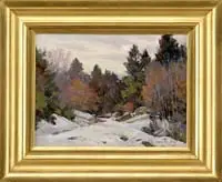 A Cold Spring Morning by Bernard Corey, Oil on masonite scene shows a house nestled amongst trees with field in the early spring, sold Aug 2007