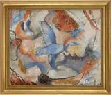 Hugh Henry Breckenridge, The Blue Goose, Abstract oil on canvas shows a blue bird flying through colorful clouds in sky