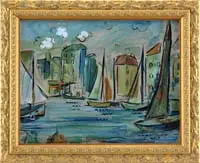 Raoul Dufy, Inner City Harbor, Oil on masonite scene shows several sailboats with tall buildings as background