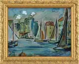 Raoul Dufy, Inner City Harbor, Oil on masonite scene shows several sailboats with tall buildings as background