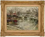 Fischman, River Seine Near Paris, Oil on canvas impressionistic scene shows a waterway with boats and trees