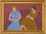 Milton Avery, The Purple Sofa, Oil on canvas scene shows two woman are seated facing each other on a purple sofa. One wears blue, the other brown