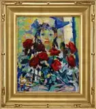 Luigi Corbellini, Girl with Red Roses, Oil on canvas scene shows a girl holding a bouquet of red roses. Bright colored background
