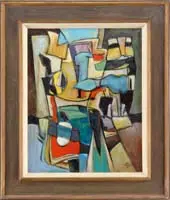 Geer van Velde, Colorful Abstract, Oil on canvas abstract scene shows colorful geometric shapes in a montage of connected sequence