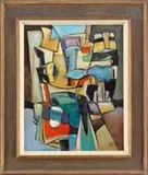 Geer van Velde, Colorful Abstract, Oil on canvas abstract scene shows colorful geometric shapes in a montage of connected sequence