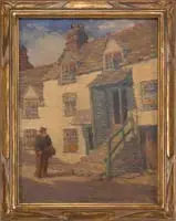 Harry Neyland, English Village Street, Oil on canvas scene shows a man with cane walking alongside a stone three-story house with stair entrance