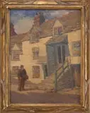 Harry Neyland, English Village Street, Oil on canvas scene shows a man with cane walking alongside a stone three-story house with stair entrance