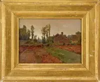 Hezekaiah Anthony Dyer, Barbison Farm, Watercolor scene shows a connected farmhouse with cultivated field. Tall poplars are in the background