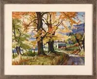 Theodore Kautzky, Autumn in New England, Fine watercolor fall scene shows a road on edge of hillside with colorful maple trees and New England farm