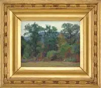 The Distant Blue Hill by George Loftus Noyes, Oil on canvas laid on cardboard. Landscape scene shows a wood lined field with a glimpse of a background blue hill, sold Aug 2007
