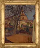 Chaïm Soutine, French Village, Oil on canvas scene shows dirt road leading to a stucco multi level church with large tree