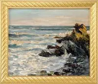Caleb Arnold Slade, Rocky Coastline, Fine oil on canvas scene shows waves crashing on upright angled rocky coastline