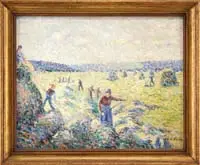 Signed, Working the Hay Fields, Oil on canvas pointalist scene shows several workers stacking hay into large mounds in a colorful field and sky setting