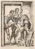 Paul Cadmus, Waiting for Rehearsal, Limited edition etching shows three dancers outside a doorway rehearsing for the New York City Ballet