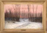 Percy Franklin Woodcock, Afterglow, Oil on canvas winter scene shows a snow covered road through forest. Rose colored sunset is seen through trees
