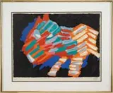 Karel Appel, CAT SUITE” Color serigraph shows a colorful cat against a black background, Pencil signed and numbered “55/125” lower right. A certificate of authenticity from Genesis Galleries affixed to reverse