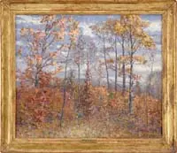 Frederick Lester Sexton, Late Afternoon – Autumn, Oil on board fall scene shows a stand of colorful trees against a fading light sky