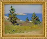 Eric L. Pape, Coastal Scene, Oil on board scene shows an island with a lighthouse in blue ocean off a coastline with scattered trees and grass
