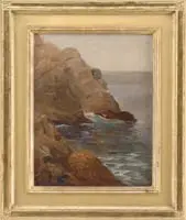Parker S. Perkins, Rocky Cove, Oil on unstretched canvas shows rocky ledge shoreline with small water cove with calm water