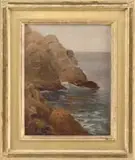 Parker S. Perkins, Rocky Cove, Oil on unstretched canvas shows rocky ledge shoreline with small water cove with calm water